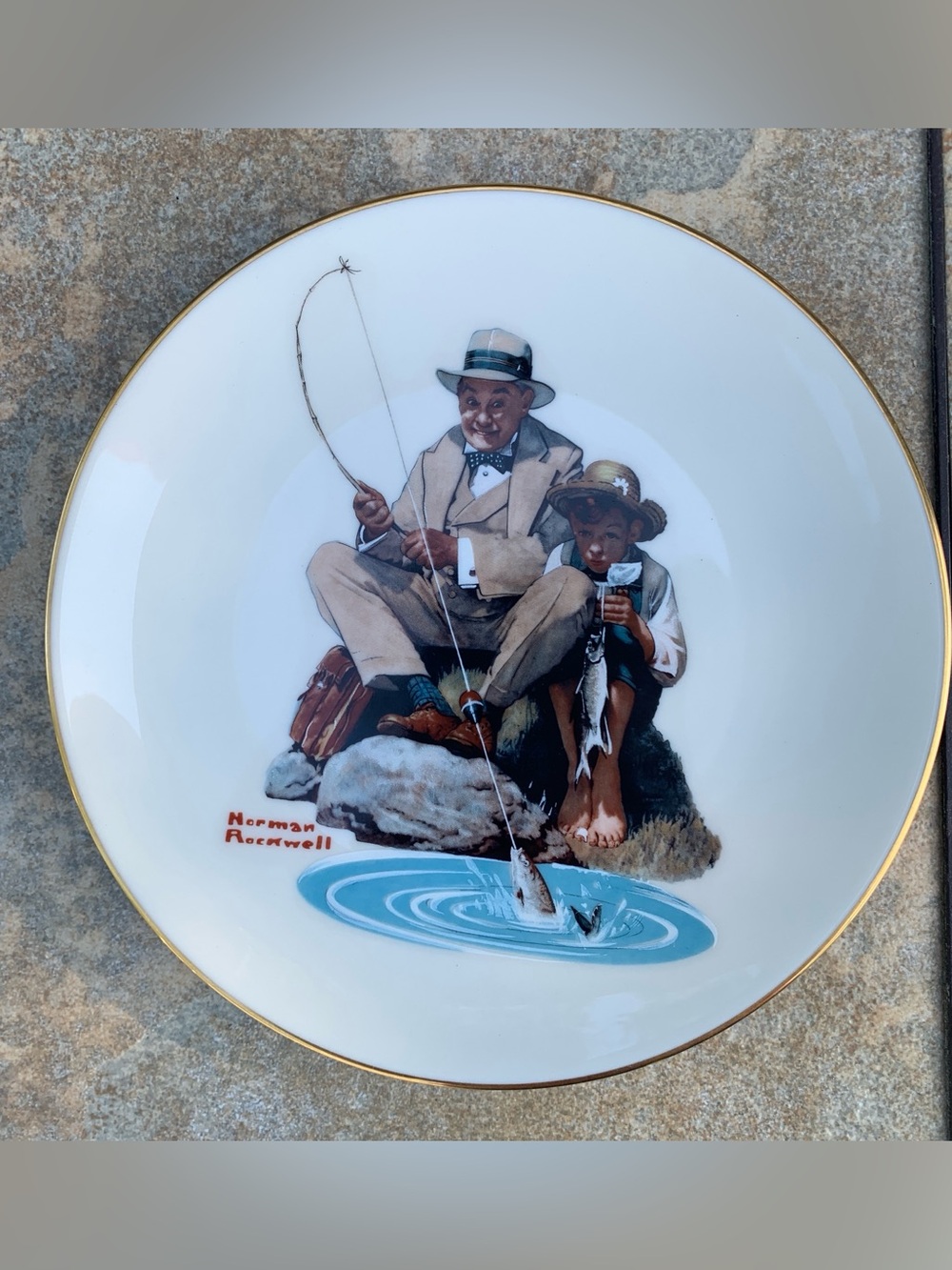 Vintage Norman Rockwell Catching the Big One Porcelain Plate with Fishing Scene